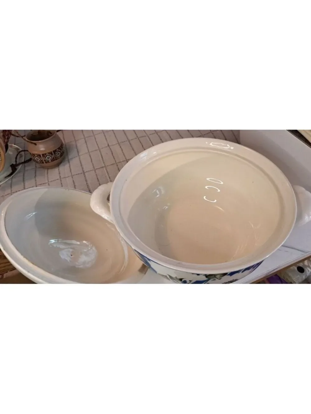 Vintage Faience Soup Tureen Blue Floral Soviet Era Krasnodar Porcelain 